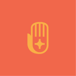 yellow hand logo on a red background